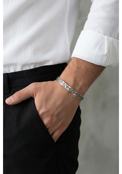 Modern Stil Gümüş Erkek Kelepçe Bileklik Gri