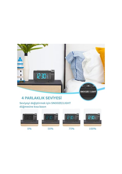 Projeksiyonlu Dijital Çalar Saat Fm Radyo Usb Şarj Sıcaklık Göstergeli 4kademe Parlaklık Siyah