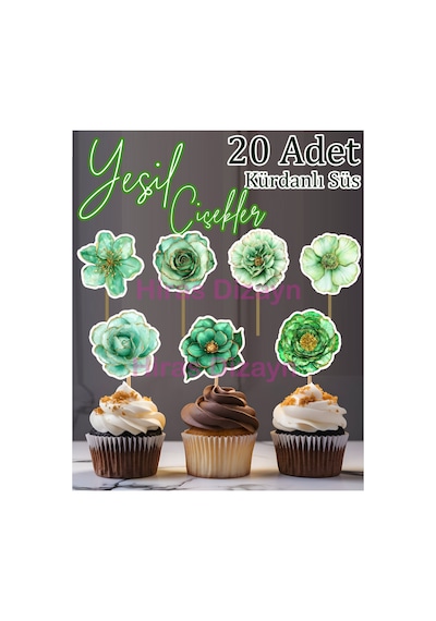 20 Adet Yeşil Çiçekler Kürdanlı Süs Seti Cupcake Pasta Kurabiye Kokteyl Sunum Süsleri.. Diğer