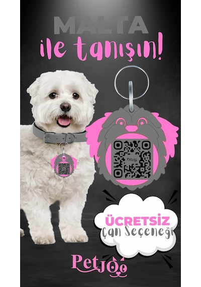 Petjoo 12.Malta Pembe-Gri Qr'lı Köpek Künyesi