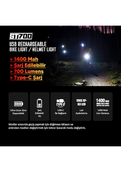 Stradacycles St-700 Lityum Şarj Edilebilir Ön Far
