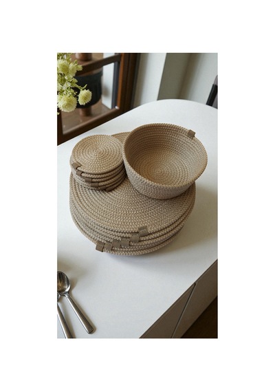 Kaan Home 13 Parça El Dokuma Kahvaltı Seti - 6 Supla 6 Çay Altı 1 Ekmek Sepeti Vegan Sunum Bej