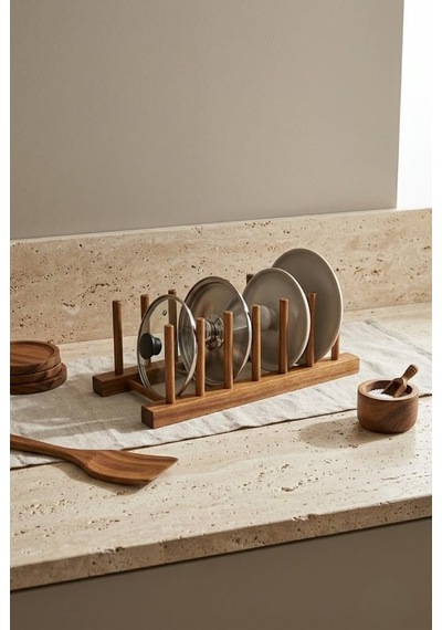 Tr Akasya Ahşap Tabaklık Ve Tencere Kapağı Standı 28x12.5 Cm - 6 Bölmeli Dolap İçi Mutfak Organizeri Genel
