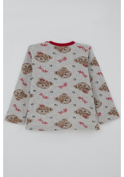 Breeze Kız Bebek Pijama Takımı Sevgi Temalı Fiyonklu Ayıcık Desenli 9 Ay-3 Yaş, Açık Gri Melanj Açık Gri Melanj