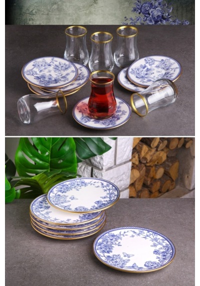 Butterfly 18 Parça Çay Bardaklı Seramik Pasta Tabağı Seti - Kup119s Mavi