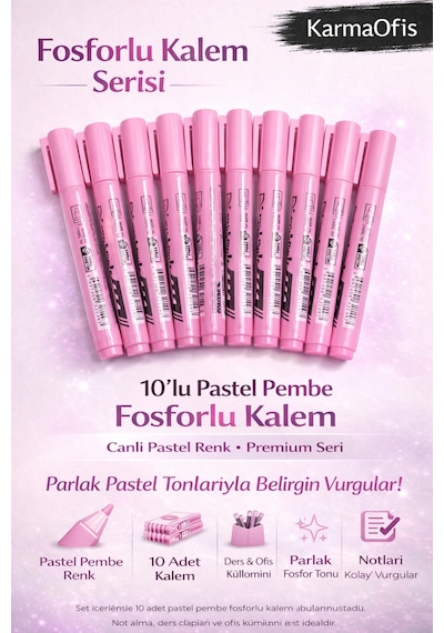 Fosforlu Kalem Seti 10'lu Pastel Pembe Highlighter Pastel Pembe