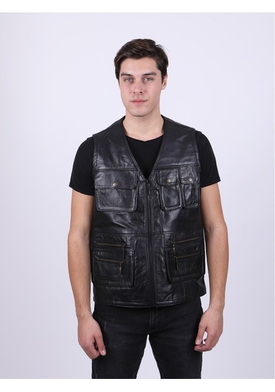 New Zaya Leather Erkek Siyah Deri Yelek (468581124)