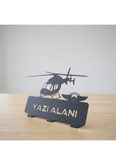 Kişiye Özel Hediyelik Sağlık Askeri Bell Helikopter Tasarımlı Metal Masaüstü İsimlik Siyah