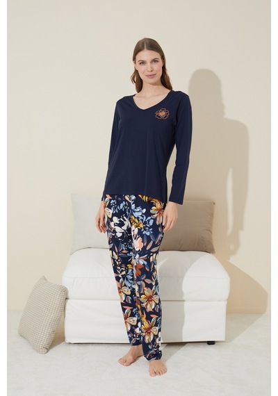Siyah İnci Pamuklu Örme Pijama Takım 24240097 Lacivert