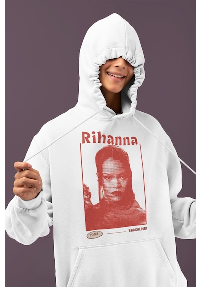 Sevbano Rihanna Badgirl Baskılı Unisex Oversize Şarkıcı Hoodie beyaz
