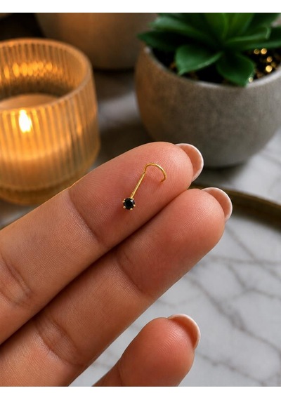 925 Ayar Gümüş Siyah Taşlı Sarı Renk Burun Hızması Piercing Minimal L Şekilli Unisex Nose Stud