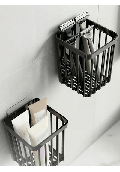 2'li Set Yapışkanlı Banyo Saç Fırçası Tarak Düzenleyici Diş Fırçalık Çok Amaçlı Mutfak Duvar Rafı Siyah