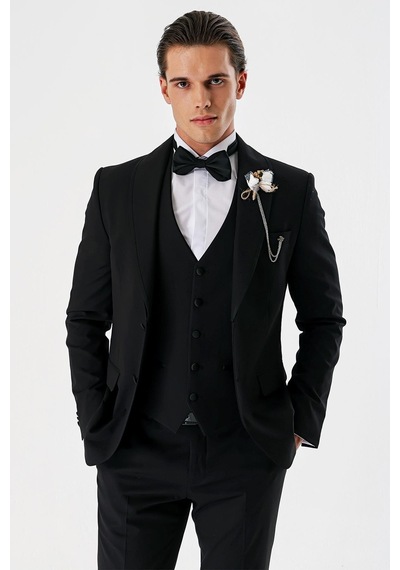 İmza Siyah Çıkarılabilir Şal Yaka Yelekli Likralı 6 Drop Slim Fit Smokin Damatlık 1001240202-Siyah İmza Siyah Çıkarılabilir Şal Yaka Yelekli Likralı 6 Drop Slim Fit Smokin Damatlık 1001240202-Siyah