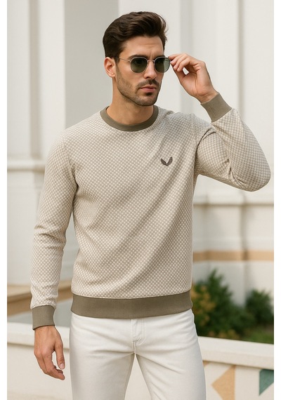 Rich Erkek Bej Kare Desenli Bisiklet Yaka Sweatshirt Bej