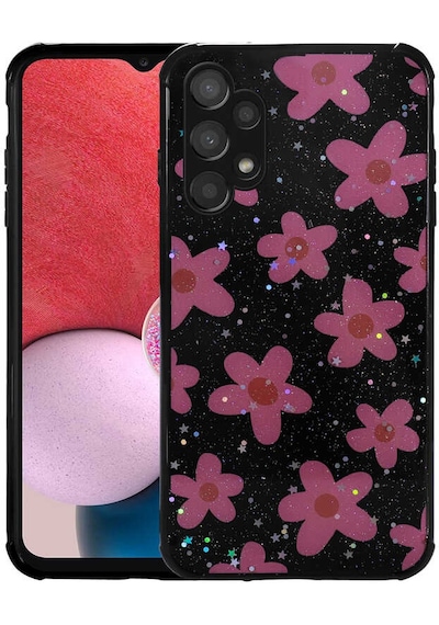 Galaxy Uyumlu A13 4g Kılıf Simli Desenli Kamera Korumalı Parlak Popy Kapak - Çiçek Çiçek Çiçek