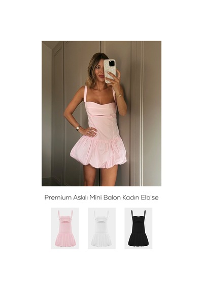 Açelyaokcu Premium Askılı Mini Balon Kadın Elbise Pembe