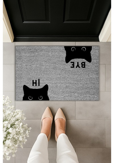 Rugmood Modern Dijital Baskı Paspas - Hi, Bye Kedi - Kapı Önü Paspası 70x45cm Gri