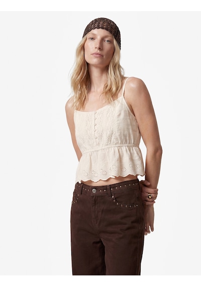 Koton Pamuklu Dantelli Brodeli İp Askılı Crop Bluz Ekru 6sak30026uw