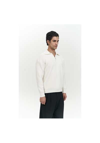 Mai Collection Mai Studios Co. Oberon Polo Yaka Yarım Fermuarlı Ekru Erkek Triko Kazak Ekru