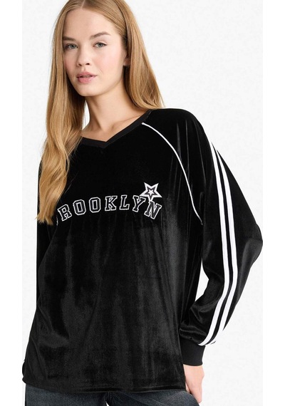 Defacto Oversize Geniş Kalıp V Yaka Baskılı Kadife Sweatshirt G3729ax25wnbk81 Siyah-bk81