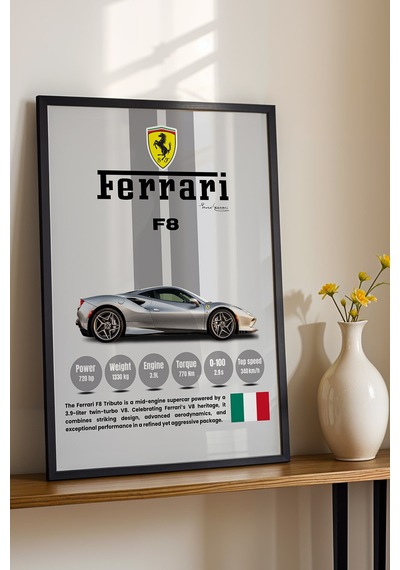 Ferrari F8 Premium V8 Spor Araba Tablosu - Teknik Özellikli İtalyan Otomobil Duvar Dekoru Siyah