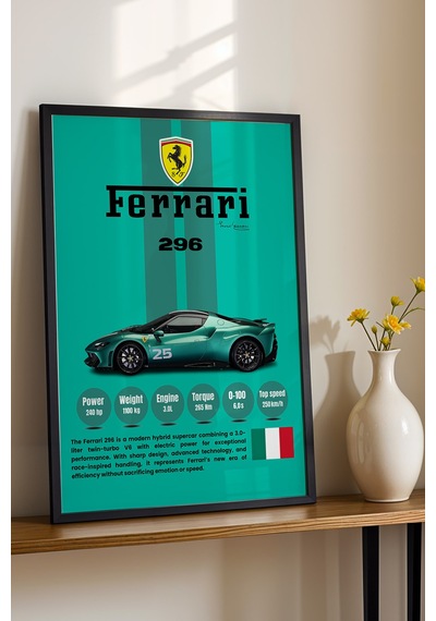 Ferrari 296 Premium Hibrit Süper Araba Tablosu - Teknik Özellikli İtalyan Otomobil Duvar Dekoru Siyah