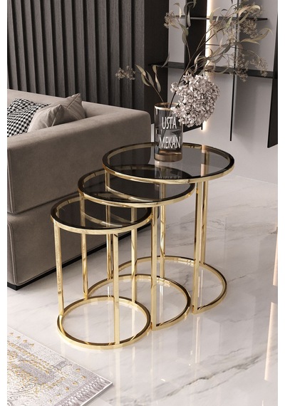 Usta Mekan Gold Metal Füme Cam 3 Lü Zigon Sehpa Gold - Füme