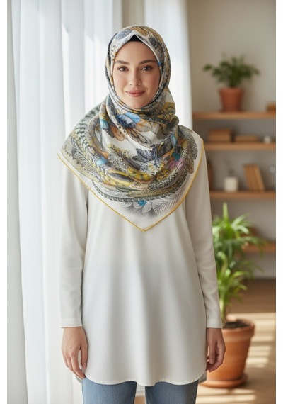 Deserto Fashion Saf İpek Twill Eşarp - Özel Tasarım Tok Duruşlu 90x90-1684 Çok Renkli