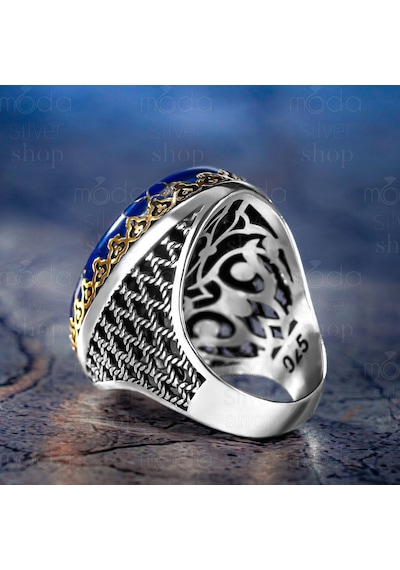 925 Ayar Gümüş Büyük Kasa Oval Lapis Lazuli Taşlı Erkek Yüzük Gümüş