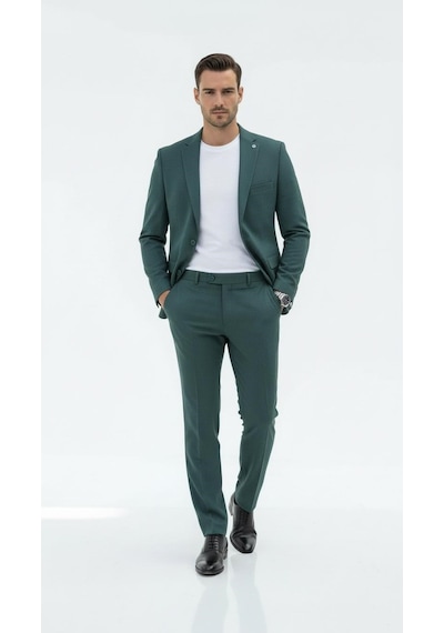 Erkek Slim Fit Mikro Dokulu Takım Elbise Çift Düğmeli Modern Kesim Petrol
