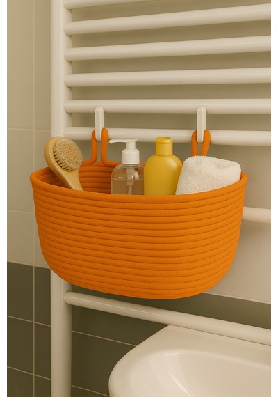 Mavaux Dekoratif Askılı Banyo Sepeti 18 40 16 Cm Saklama Ve Düzenleyici Hasır Jüt Sepet Organizer El İşi Turuncu