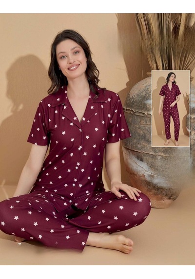 Boyraz Kadın Milan Boydan Düğmeli Kısa Kol İnce Pijama Takımı 11035 - 1 Adet Bordo