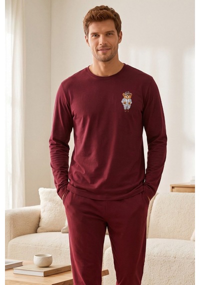 Siyah İnci Baskılı Pamuklu Likralı Örme Pijama Takım 26241803 bordo