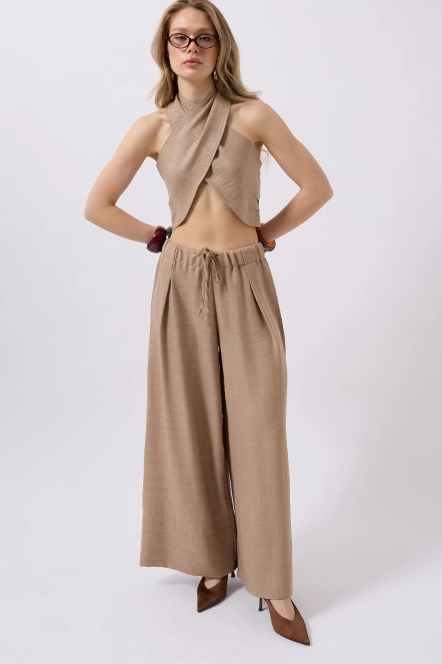 Buğrahayalin Düşük Bel Oversize Keten Pantolon Vizon