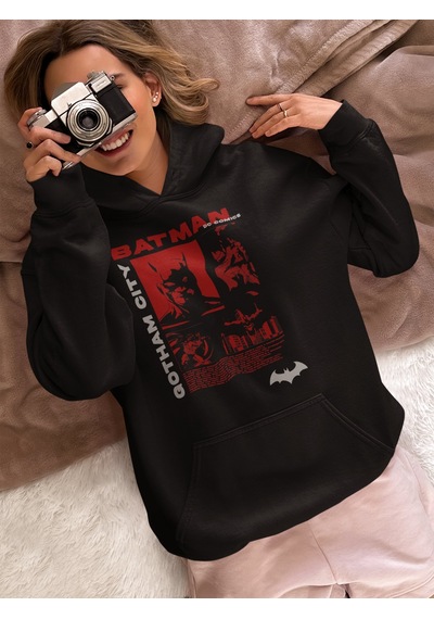 Sevbano Gotham City Batman Kahraman Baskılı Unisex Oversize Film Hoodie Siyah