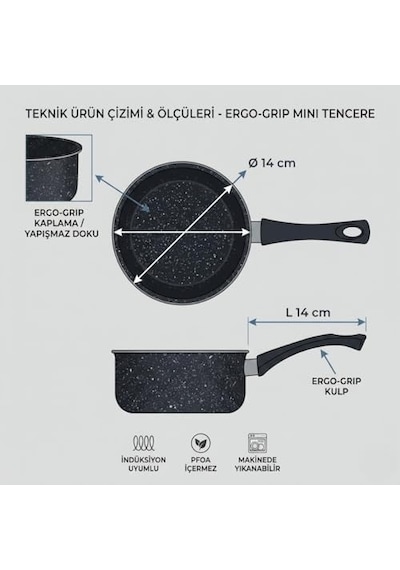 Granit Tencere, Siyah, Yapışmaz Kaplama, Ergonomik Sap, İndüksiyon Uyumlu, Yumurta Ve Çikolata Pişirme İçin 12v