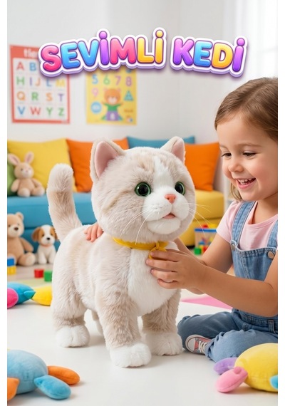 Sevimli Kedi Uzaktan Kumandalı Sesli Miyavlıyan Dil Çıkaran 5 Fonksiyonlu Oyuncak Peluş Hayvan Krem