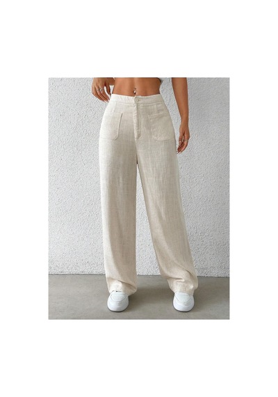 Tarz Cool Kadın Wide Leg Pantolon Ön Cep Detaylı Rahat Kalıp Günlük Pantolon Bej