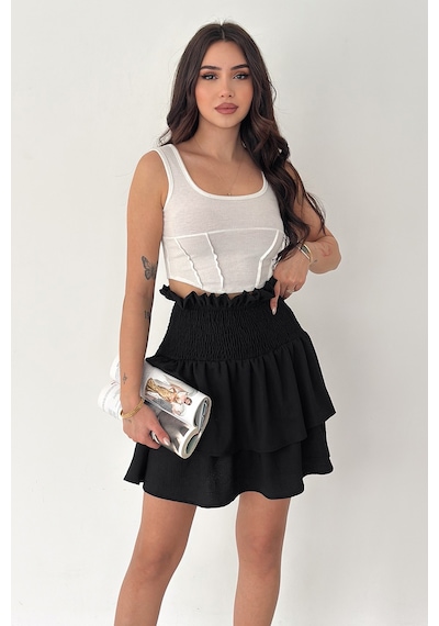 Kadın Katlı Smock Bel Mini Short Etek Summer Layers Siyah