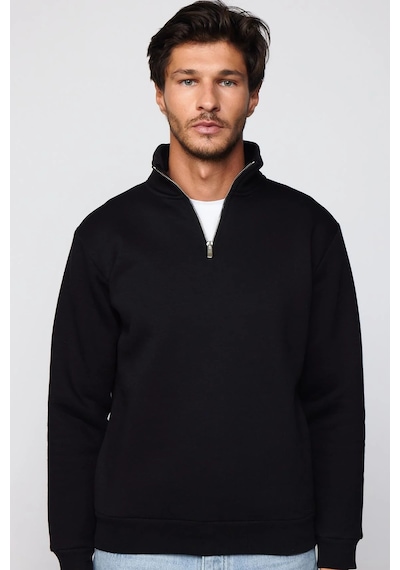 Tudors Unisex Relax Fit Rahat Kesim Pamuklu İçi Polarlı Yarım Fermuarlı Siyah Dik Yaka Sweatshirt-29035