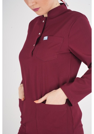 Bordo Renk Sakura Model Tesettür Doktor Hemşire Scrubs Üniforma Takımı Bordo