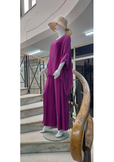 Bohem Stil İtalyan Yarasa Kol İpek Bluz & Pantolon Takım-8767 Fuşya