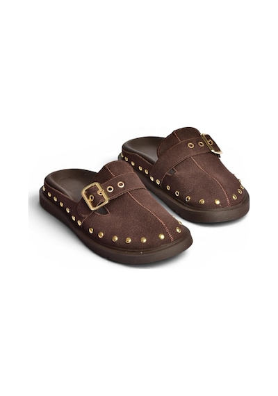 Fox Shoes Y918143802 Kahverengi Süet Önü Kapalı Zımba Detaylı Sabo Terlik