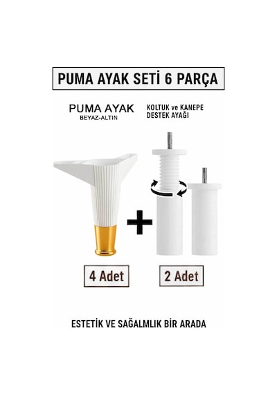 Puma 15 Cm Beyaz-altın 6'lı Set Mobilya Kanepe Tv Ünitesi Dolap Konsol Ve Destek Ayağı Beyaz-altın