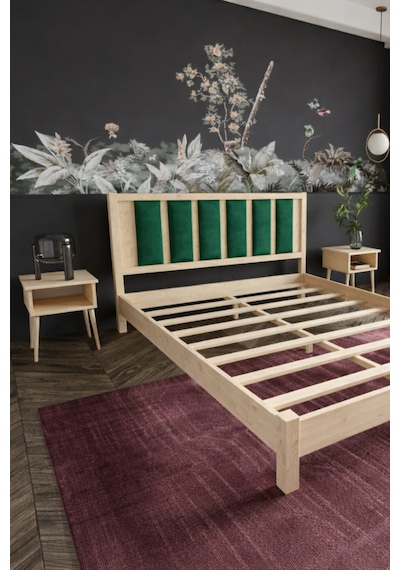 Ori On Zümrüt Yeşili Puf Başlıklı Masif Ahşap Natürel 90x190