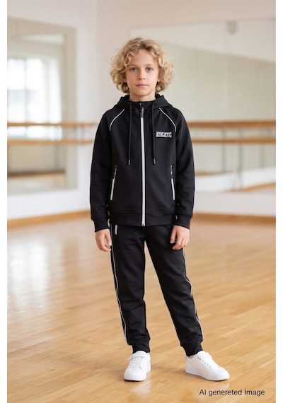 Pina Kids Erkek Çocuk Scuba Atheletic Reglan Kol Kapüşonlu Dalgıç Kumaş Eşofman Takımı Esf7028 siyah