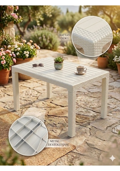 Evko Mobilya Rattan 80x140 Masa, Plastik Masa, Bahçe Balkon Teras Masası, Kare Masa, Dış Mekan Masası Cappuccino