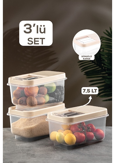 Meleni Home Multibox Kayar Kapaklı Erzak Saklama Kabı Krem 3 x 7.5 L Krem