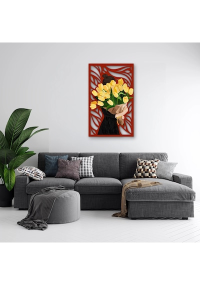 Sarı Lale Buketi Taşıyan Kadın - Metal Tablo - Dec0340 77 X 125 Cm Çok Renkli