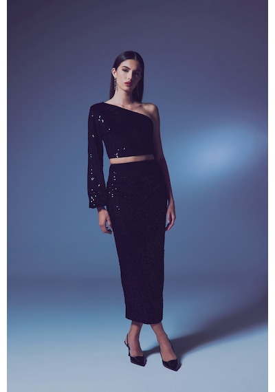 Sateen Kadife Payetli Midi Etek - Siyah-135602 Siyah